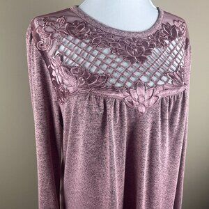 Maurices Long Sleeve Fine Knit Top Size L Pink Black Heathered Print Floral Lace
